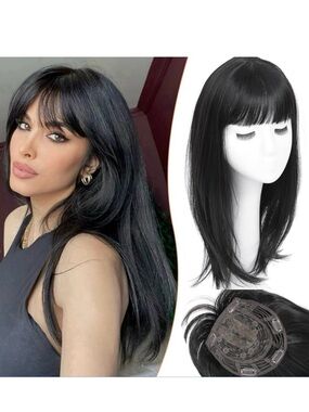 Paneway Hair Topper 1B Black (Sally) 18 inch With Bangs Clip In Piece Layers NEW